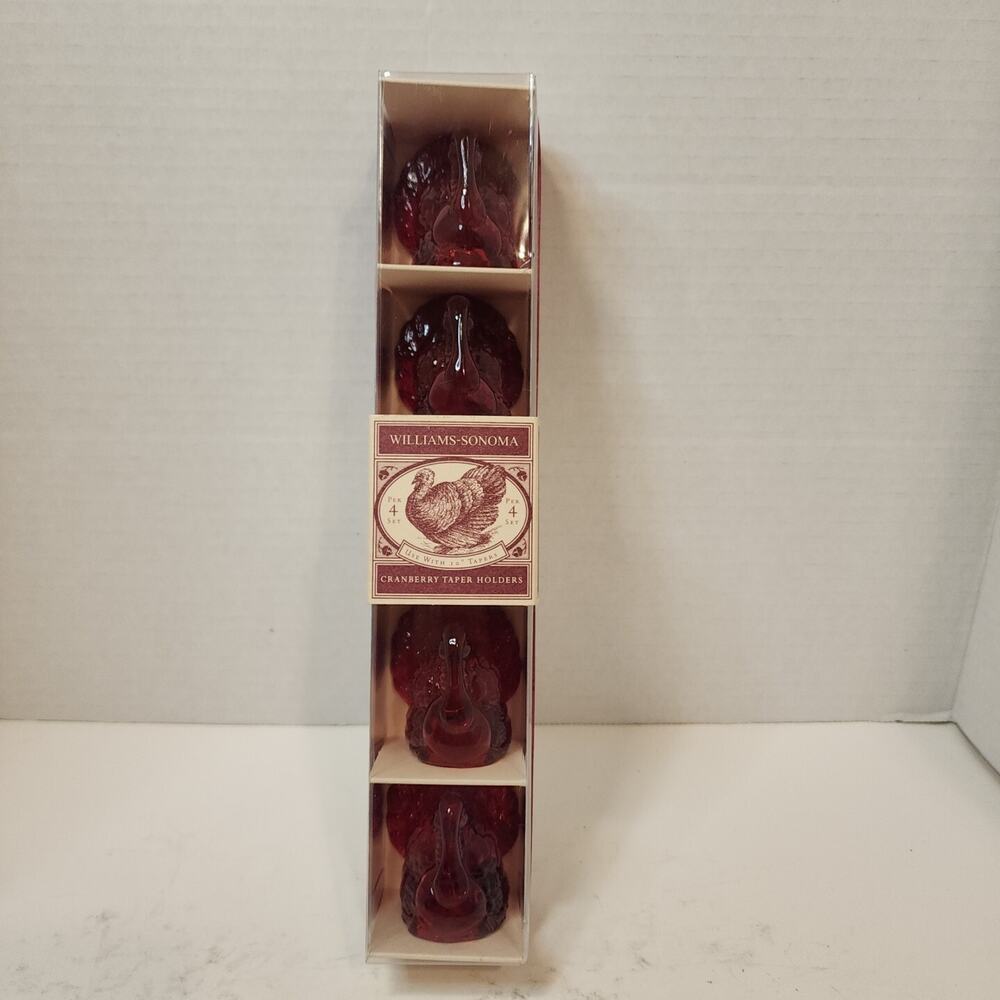 NIB Williams-Sonoma Cranberry Red Glass Turkey Shaped Taper Candle Holders Qty 4
